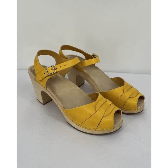 Swedish Hasbeens Yellow Wooden Clog Sandal Peep Toe Size 41 US 11 - Picture 1 of 14